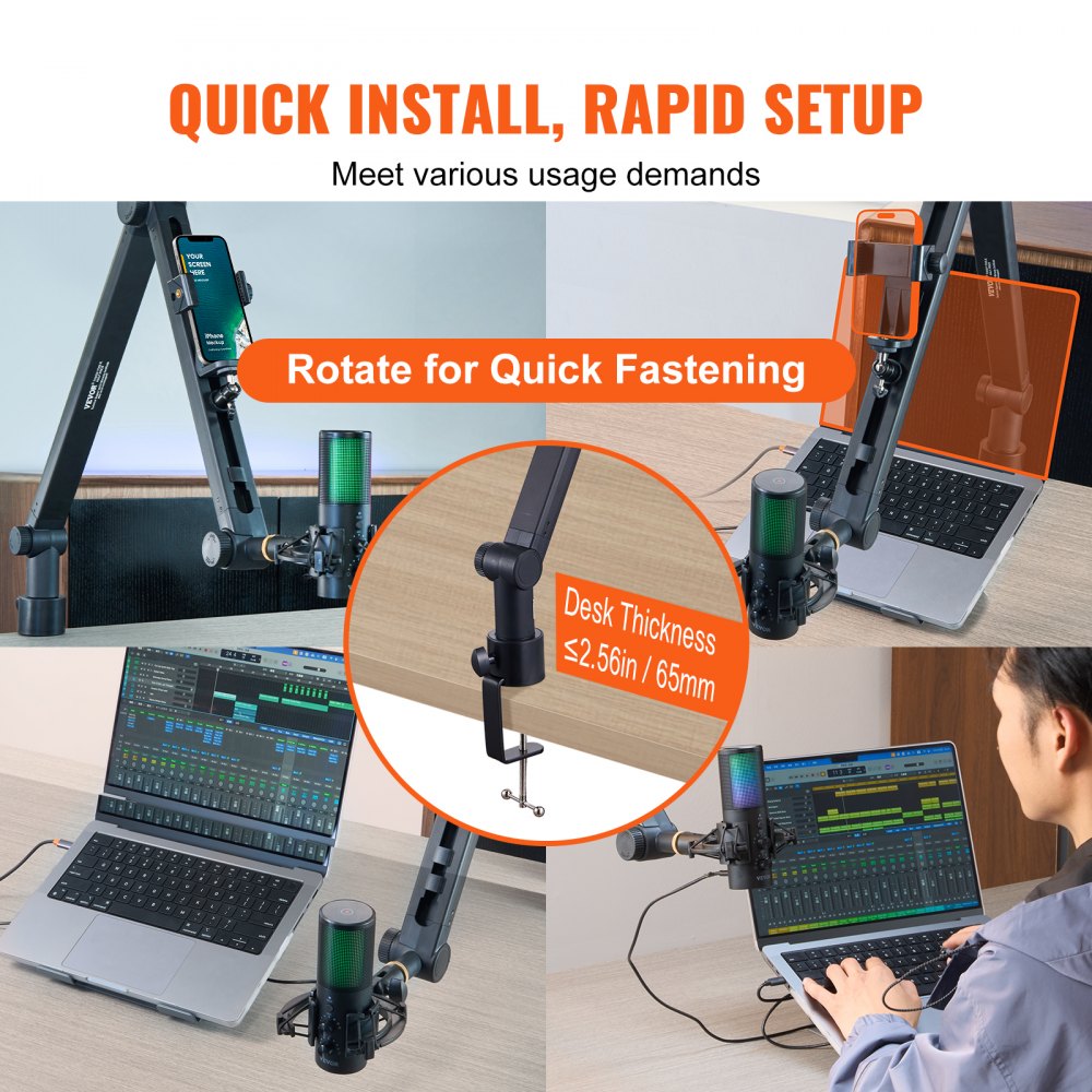 VEVOR Microphone Boom Arm with Desk Mount, 360° Rotatable, Adjustable Mic Stand with 3/8" to 5/8" Adapter Port, for Recording Blue Yeti Hyperx Quadcast Blue Snowball Shure SM7B Audio Technica