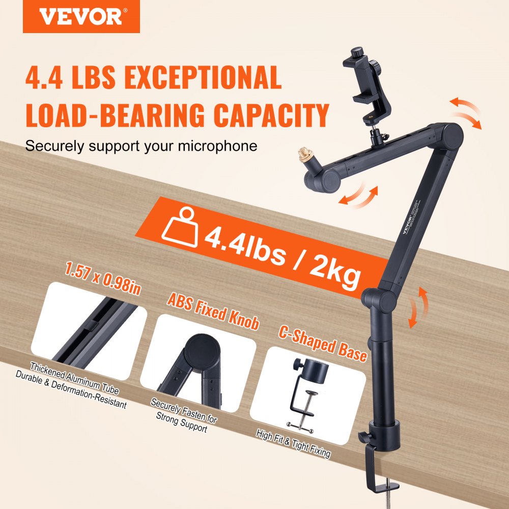 VEVOR Desk-Mounted Microphone Arm, Flexible 360° Rotation, Adjustable Stand with Universal 3/8" to 5/8" Adapter and Headphone Holder, Compatible with Blue Yeti, Hyperx Quadcast, and More
