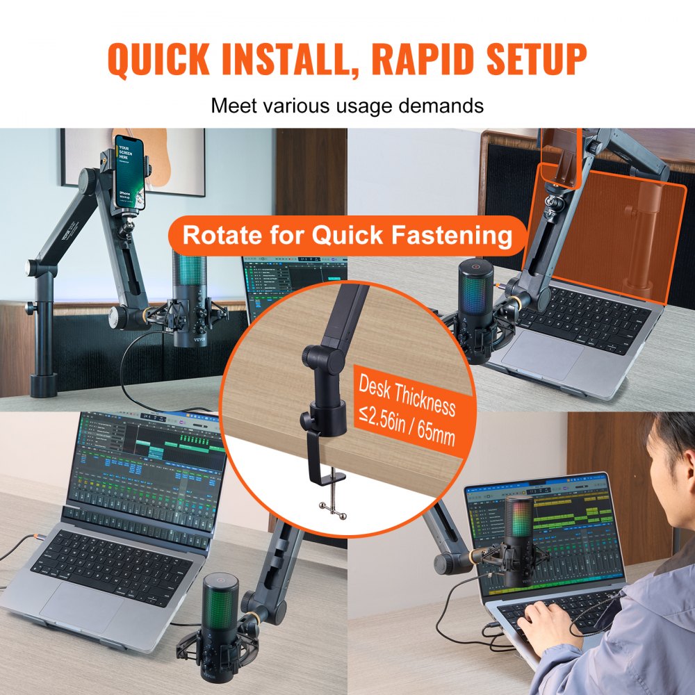 VEVOR Desk-Mounted Microphone Arm, Flexible 360° Rotation, Adjustable Stand with Universal 3/8" to 5/8" Adapter and Headphone Holder, Compatible with Blue Yeti, Hyperx Quadcast, and More