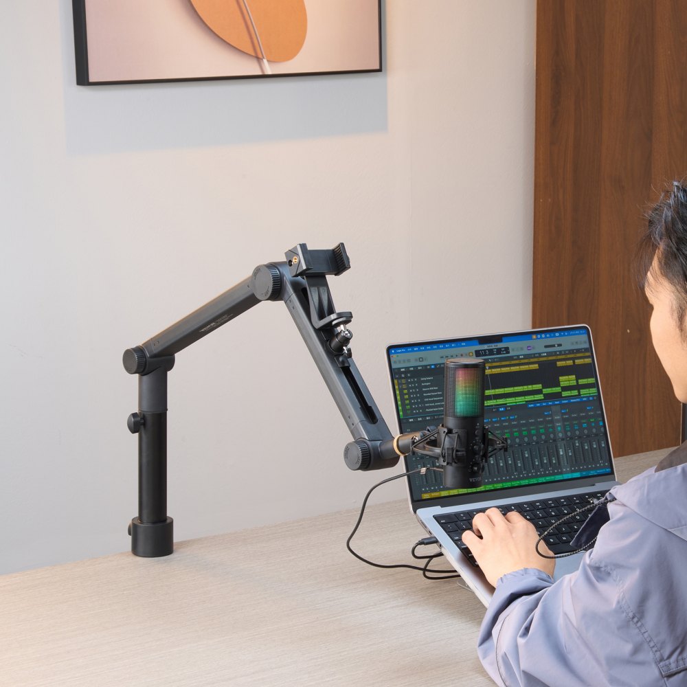 VEVOR Desk-Mounted Microphone Arm, Flexible 360° Rotation, Adjustable Stand with Universal 3/8" to 5/8" Adapter and Headphone Holder, Compatible with Blue Yeti, Hyperx Quadcast, and More