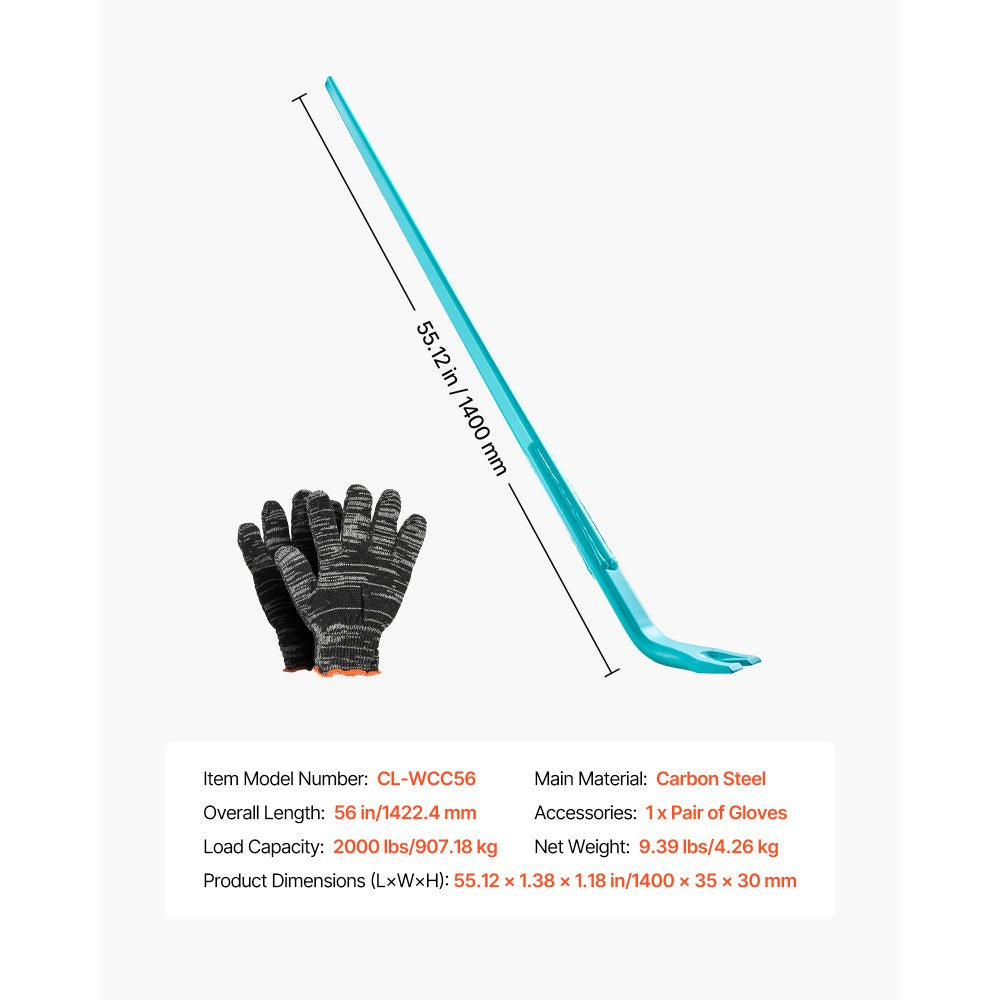 VEVOR Prylever Bar, 2000 lbs Weight Capacity, 52.5 Inch Heavy Duty Carbon Steel Handle Pry Lever Bar, 56 Inch Long Crowbar for Concrete, Demolition, Crowbaring, Ideal for Construction & Industrial Use