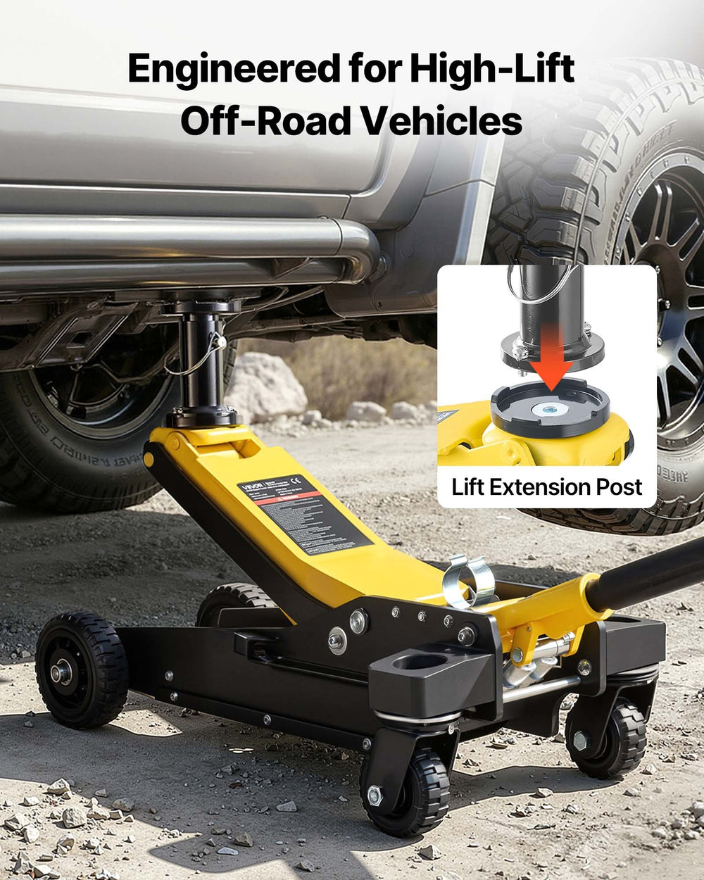 VEVOR floor jack engineered for high-lift off-road vehicles with lift extension post