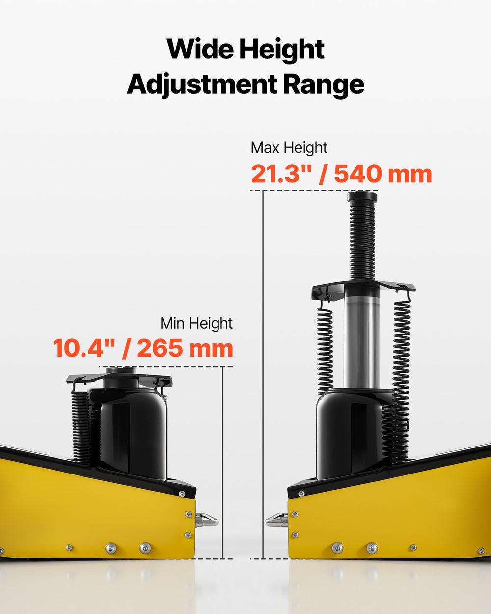 VEVOR floor jack wide height adjustment range (10.4 in to 21.3 in)