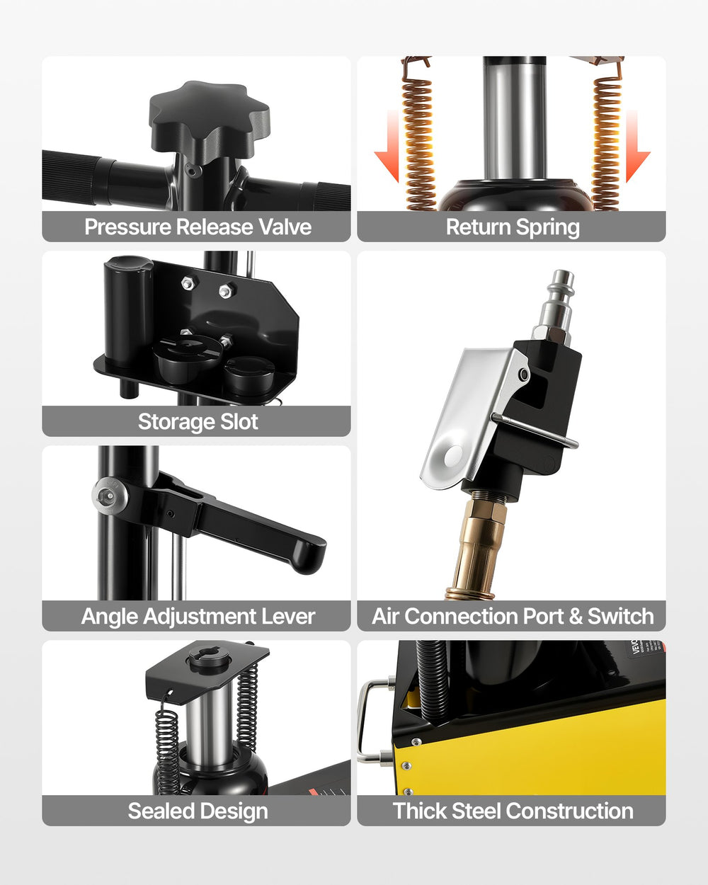 VEVOR floor jack key details: pressure release valve, return spring, storage slot, air connection port & switch, thick steel construction