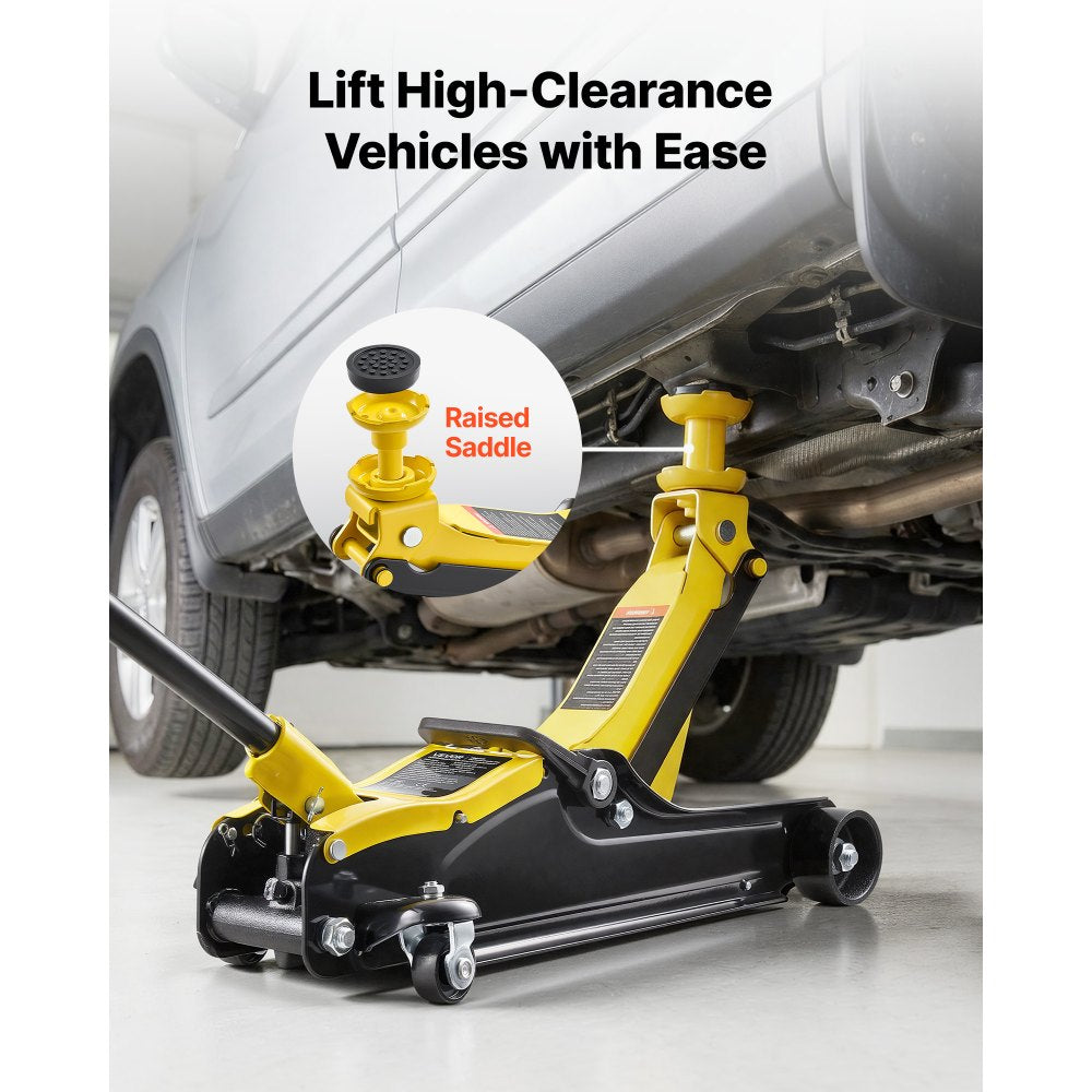 VEVOR Low Profile Floor Jack, 2.5 Ton (5512 lbs) Capacity, Steel Racing Floor Jack with Single Piston Quick Lift Pump & Raised Saddle, Hydraulic Trolley Car Lift for SUVs, Lifting Range 3.3"-13.8"