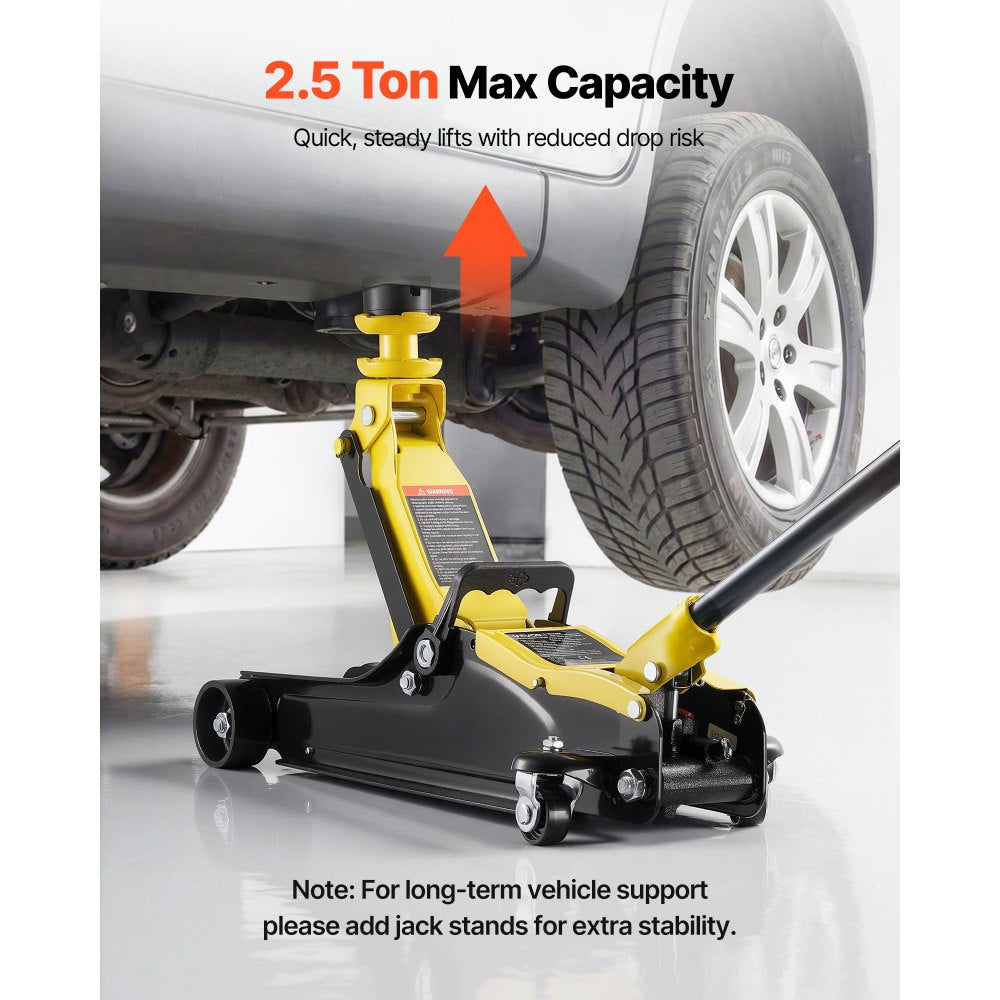 VEVOR Low Profile Floor Jack, 2.5 Ton (5512 lbs) Capacity, Steel Racing Floor Jack with Single Piston Quick Lift Pump & Raised Saddle, Hydraulic Trolley Car Lift for SUVs, Lifting Range 3.3"-13.8"