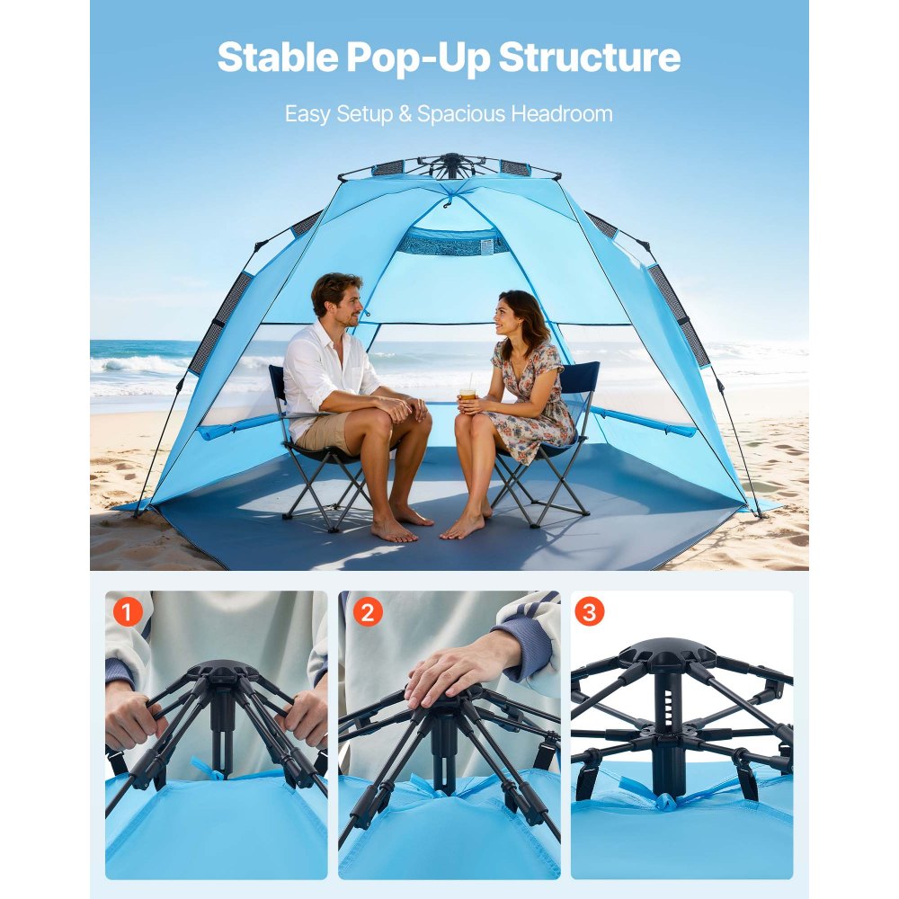 VEVOR Beach Tent Sun Shelter for 4 Person, Pop Up Beach Tent UPF 50+ Protection, Portable Sun Shade Canopy with Carrying Bag and Sand Pockets, Easy Setup Umbrella for Camping Fishing Outdoor Picnic