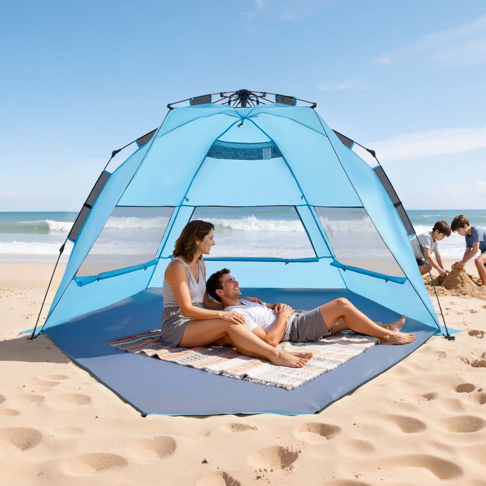 VEVOR Beach Tent Sun Shelter for 4 Person, Pop Up Beach Tent UPF 50+ Protection, Portable Sun Shade Canopy with Carrying Bag and Sand Pockets, Easy Setup Umbrella for Camping Fishing Outdoor Picnic