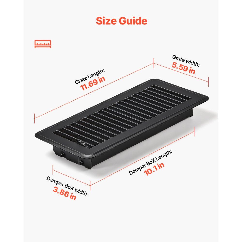 VEVOR 4 x 10 Inch Floor Registers, 12-Pack Vent Grilles, HAVC Heavy-Duty Walkable Iron Floor Vents, Easily Adjustable Rust-Proof Air Vents Deflector with Metal Damper, Ideal for Home & Office, Black
