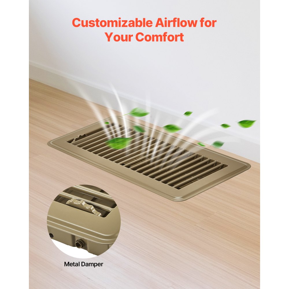 VEVOR 4 x 10 Inch Floor Registers, 6-Pack Vent Grilles, HVAC Heavy-Duty Walkable Iron Floor Vents, Easily Adjustable Rust-Proof Air Vents Deflector with Metal Damper, Ideal for Home & Office, Brown