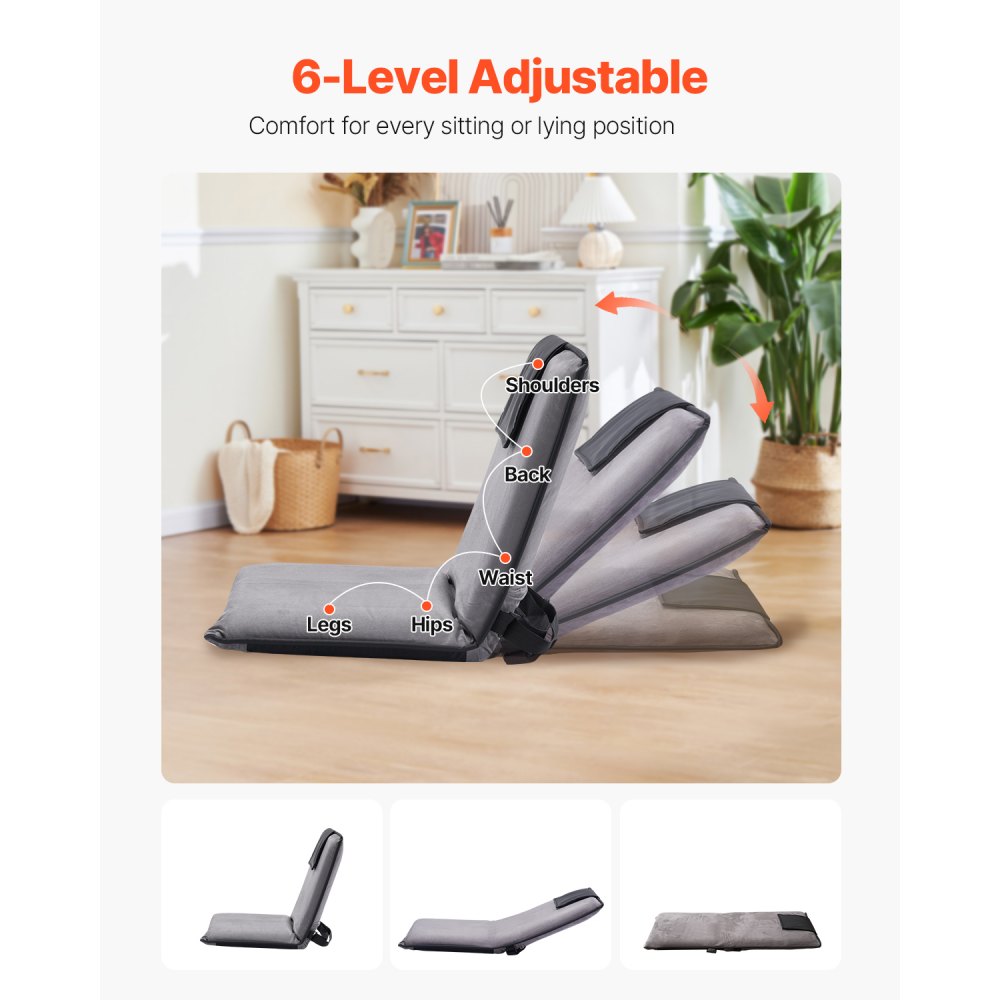 VEVOR Floor Chair, 6-Position Adjustable Meditation Chair with Back Support, Folding Sofa Chair for Reading TV Watching and Gaming, Portable Floor Seat Lounge Sofa Chair for Kids Teens Adults, Gray