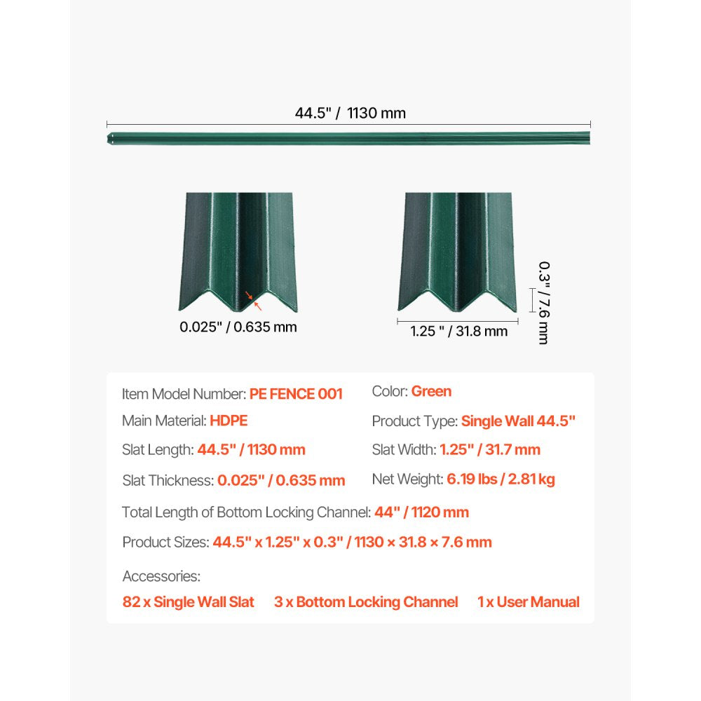 VEVOR Bottom Locking Privacy Slats, Single-Wall Vertical Bottom-Locking Slats for Chain-Link Fence, High-Density HDPE Chain Link Slats Ideally Fit 4' High Fence for Garden, Farm, Sports Field(Green)