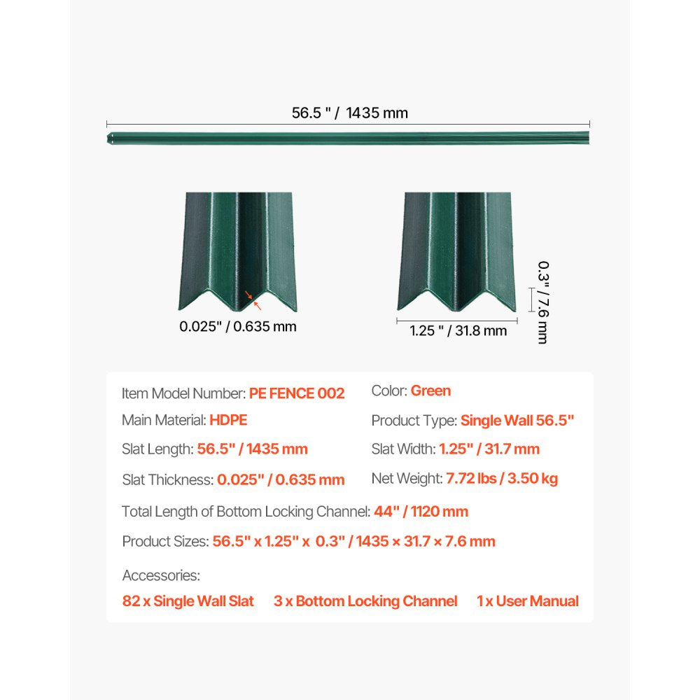 VEVOR Bottom Locking Privacy Slats, Single-Wall Vertical Bottom-Locking Slats for Chain-Link Fence, High-Density HDPE Chain Link Slats Ideally Fit 5' High Fence for Garden, Farm, Sports Field(Green)