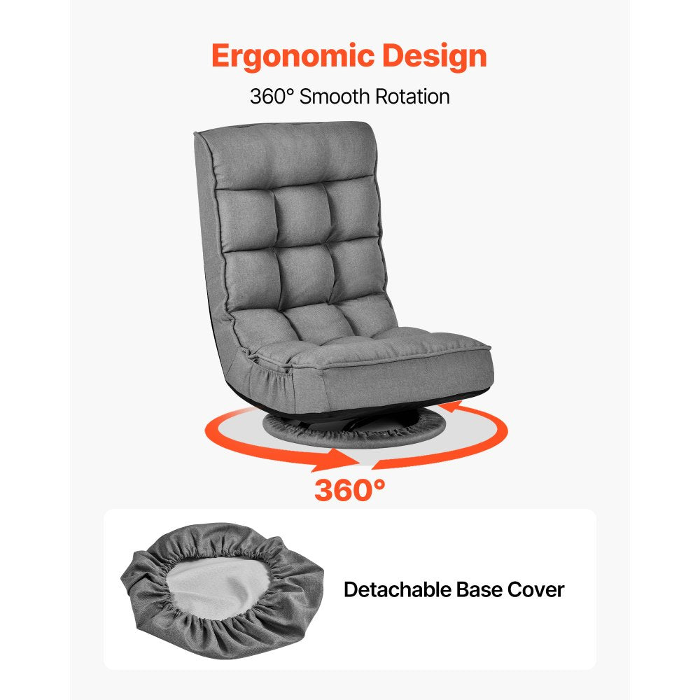 VEVOR Swivel Floor Gaming Chair, 360-Degree Rotating Floor Chair with 4 Adjustable Position Folding Backrest, Metal Frame with Recycled Foam and Linen Fabric, for Watching TV, Reading, Relaxing, Gray