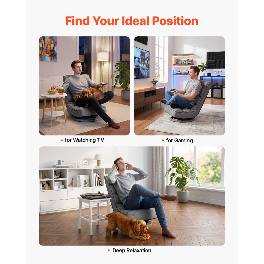 VEVOR Swivel Floor Gaming Chair, 360-Degree Rotating Floor Chair with 4 Adjustable Position Folding Backrest, Metal Frame with Recycled Foam and Linen Fabric, for Watching TV, Reading, Relaxing, Gray