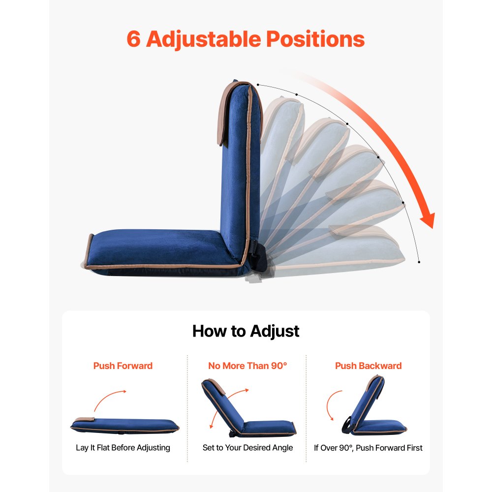 VEVOR Floor Chair, 6 Adjustable Positions Folding Floor Gaming Chair with Back Support, Easy to Carry, Sturdy Metal Frame with Recycled Foam and Suede Fabric Surface, for Reading, Relaxing, Dark Blue