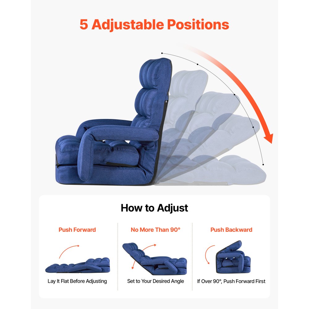 VEVOR Floor Chair, 5 Adjustable Positions Folding Floor Gaming Chair with Back Support, Armrests, and Cushion, Sturdy Metal Frame with Recycled Foam and Linen Fabric, for Reading, Relaxing, Dark Blue
