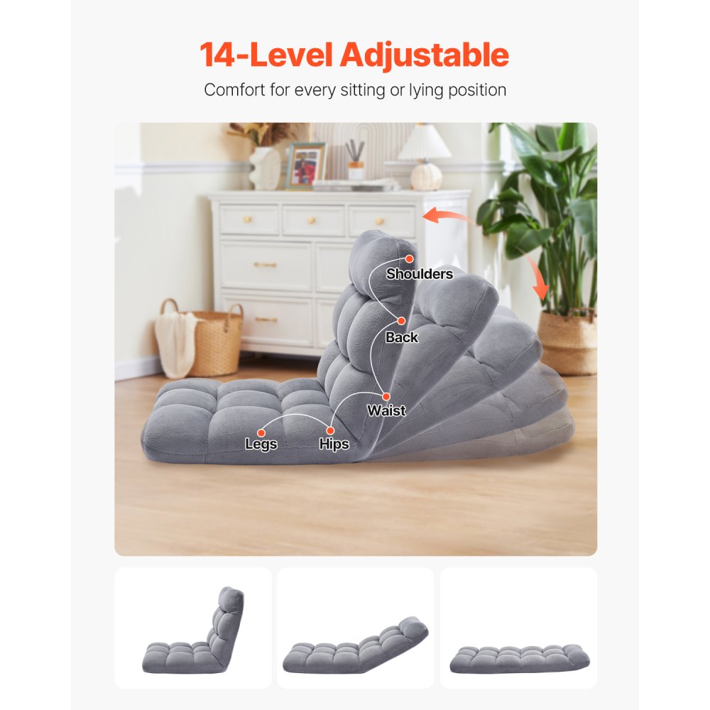 VEVOR Floor Chair, Recycled Foam Folding Sofa Chair with 14 Adjustable Positions, Multifunctional Floor Chair with Back Support Ideal for Sleeping Reading, Floor Gaming Chair for Living Room, Gray
