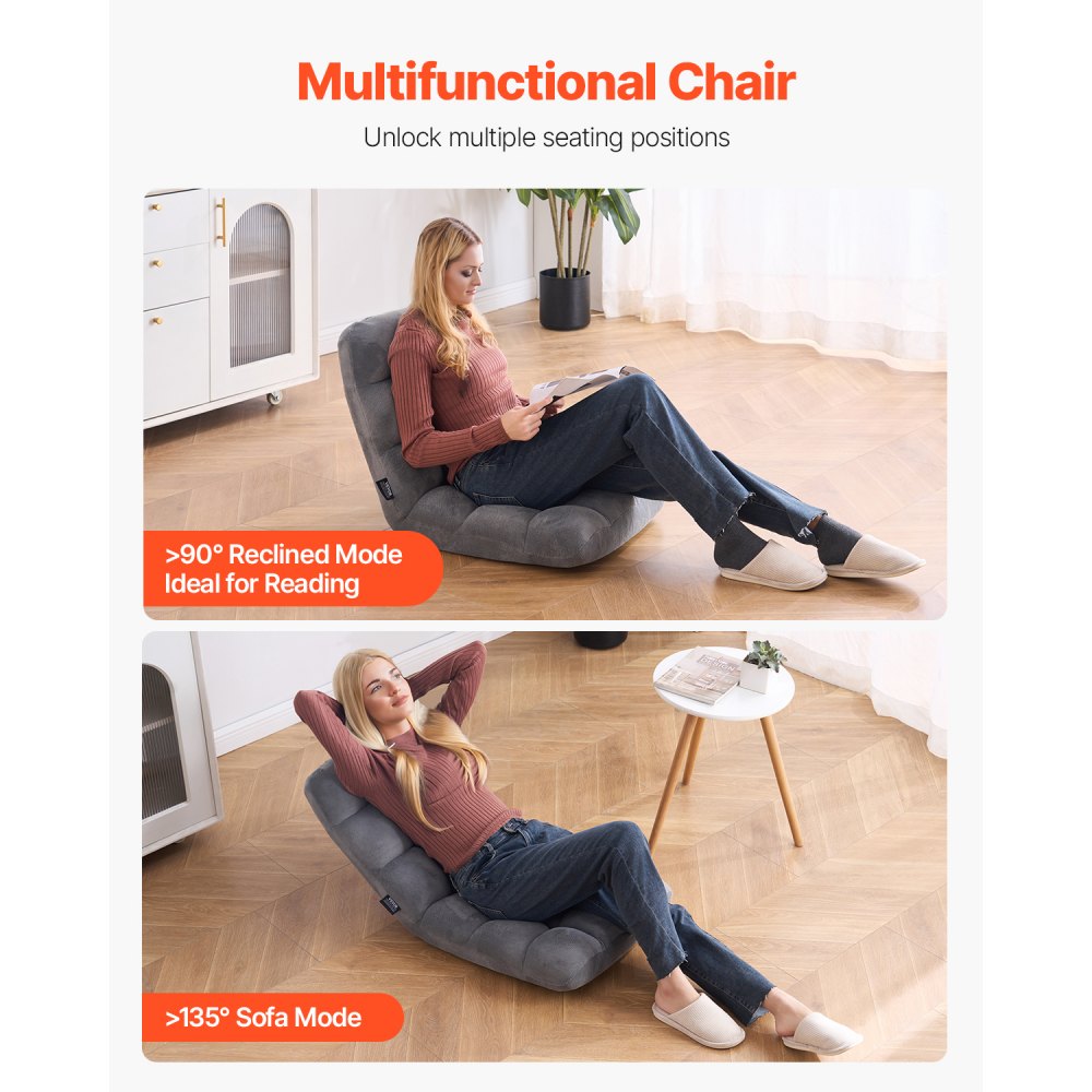 VEVOR Floor Chair, Recycled Foam Folding Sofa Chair with 14 Adjustable Positions, Multifunctional Floor Chair with Back Support Ideal for Sleeping Reading, Floor Gaming Chair for Living Room, Gray