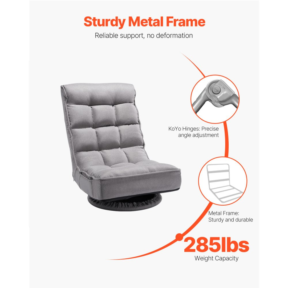 VEVOR Swivel Floor Gaming Chair, 360-Degree Rotating Floor Chair with 4 Adjustable Position Folding Backrest and Lumbar Support, Folding Video Reclining Sofa for Watching TV Reading Playing Game, Gray