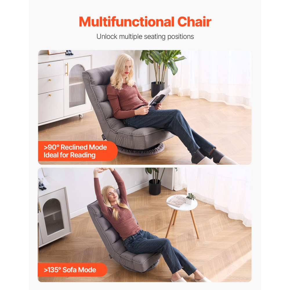 VEVOR Swivel Floor Gaming Chair, 360-Degree Rotating Floor Chair with 4 Adjustable Position Folding Backrest and Lumbar Support, Folding Video Reclining Sofa for Watching TV Reading Playing Game, Gray