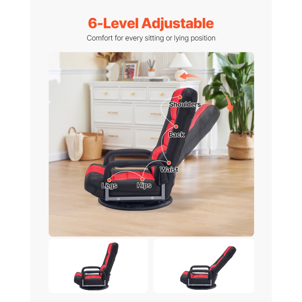 VEVOR Swivel Floor Gaming Chair with Armrests, 360-Degree Rotating Floor Chair with 6 Adjustable Position Folding Backrest and Lumbar Support, Folding Video Reclining Sofa for TV Reading, Red Black