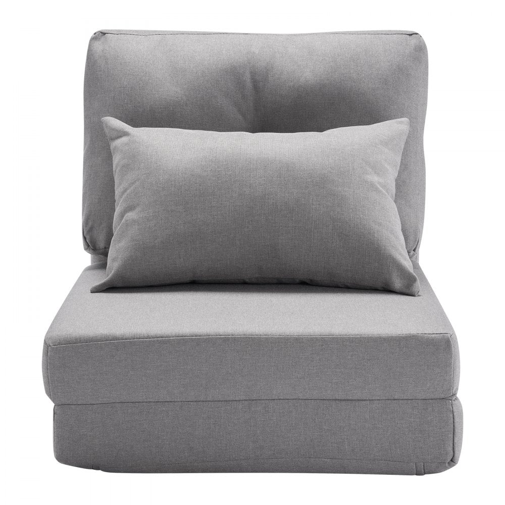 VEVOR Convertible Flip Chair, 5-Position Adjustable Floor Lazy Sofa, Folding Upholstered Couch Bed with Adjustable Backrest Metal Frame and Pillow, Folding Sofa Bed Chair for Living Room Bedroom, Gray