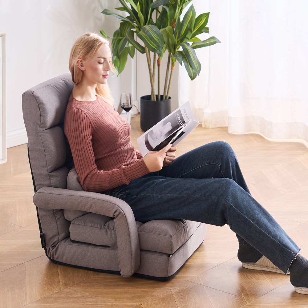 VEVOR Floor Chair, Floor Gaming Chair with 5 Adjustable Position and Back Support, Folding Sofa Chair with Armrest for Adults, Sofa Lounger Bed with Back Cushion for Living Room and Bedroom, Gray