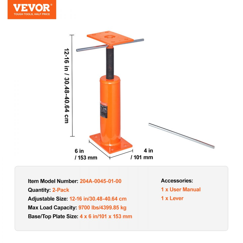 VEVOR House Floor Jacks, 2 Pack, 12"-16" Height Range, 9700 lbs Max Load Capacity Per Unit, Adjustable Support Beam Basement Jack Post Pole for Leveling, Steel Telescoping Jack for Temporary Support