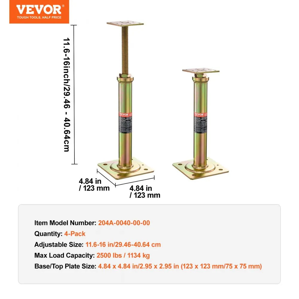 VEVOR House Floor Jacks, 4 Pack, 11.6"-16" Height Range, 2500 lbs Max Load Capacity Per Unit, Adjustable Support Beam Basement Jack Post for Leveling, Galvanized Telescoping Jack for Temporary Support