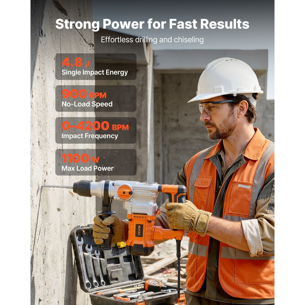 VEVOR Rotary Hammer Drill, 1-1/8 in SDS-Plus Electric Corded Heavy Duty Rotary Hammer, Including 3 Drill Bits, Flat Chisel, Pointed Chisel, Grease, Brush, and Carrying Case, for Concrete and Masonry
