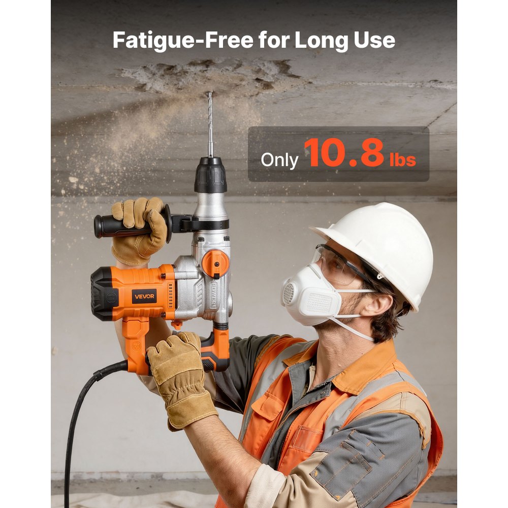 VEVOR Rotary Hammer Drill, 1-1/8 in SDS-Plus Electric Corded Heavy Duty Rotary Hammer, Including 3 Drill Bits, Flat Chisel, Pointed Chisel, Grease, Brush, and Carrying Case, for Concrete and Masonry