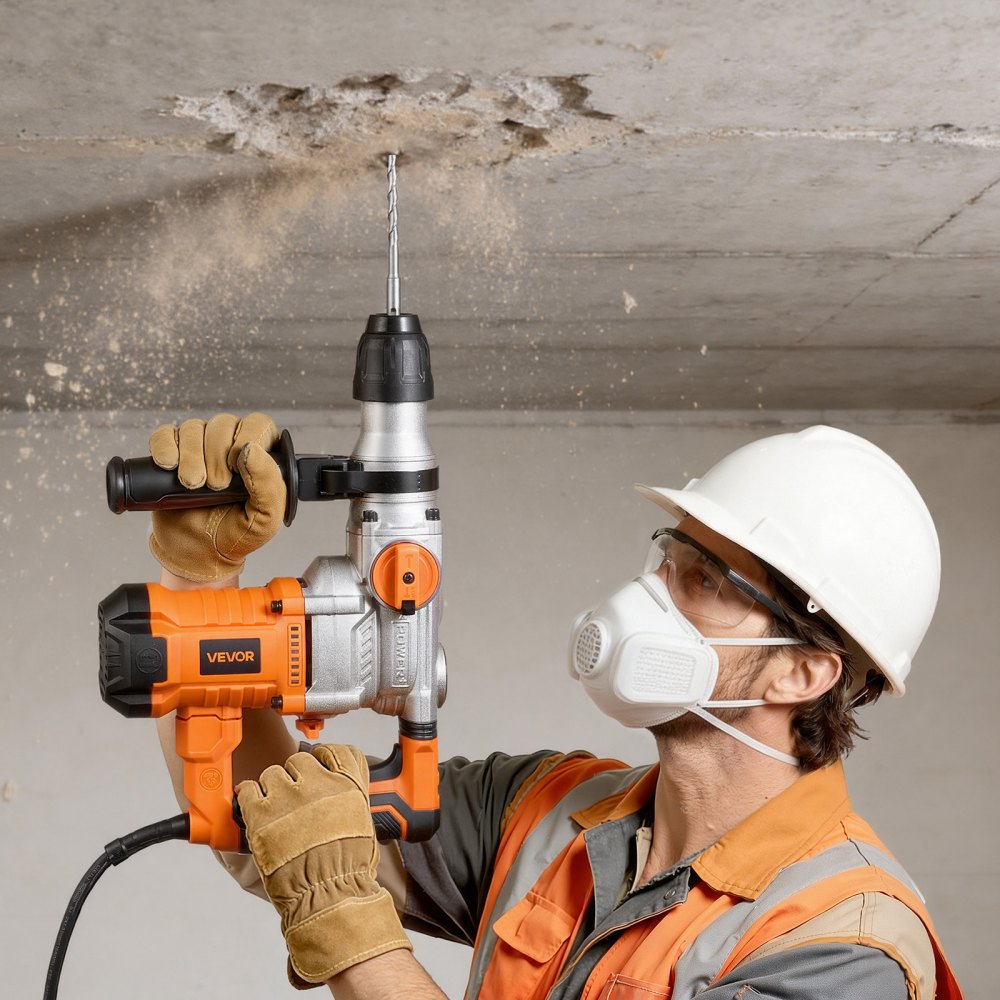 VEVOR Rotary Hammer Drill, 1-1/8 in SDS-Plus Electric Corded Heavy Duty Rotary Hammer, Including 3 Drill Bits, Flat Chisel, Pointed Chisel, Grease, Brush, and Carrying Case, for Concrete and Masonry