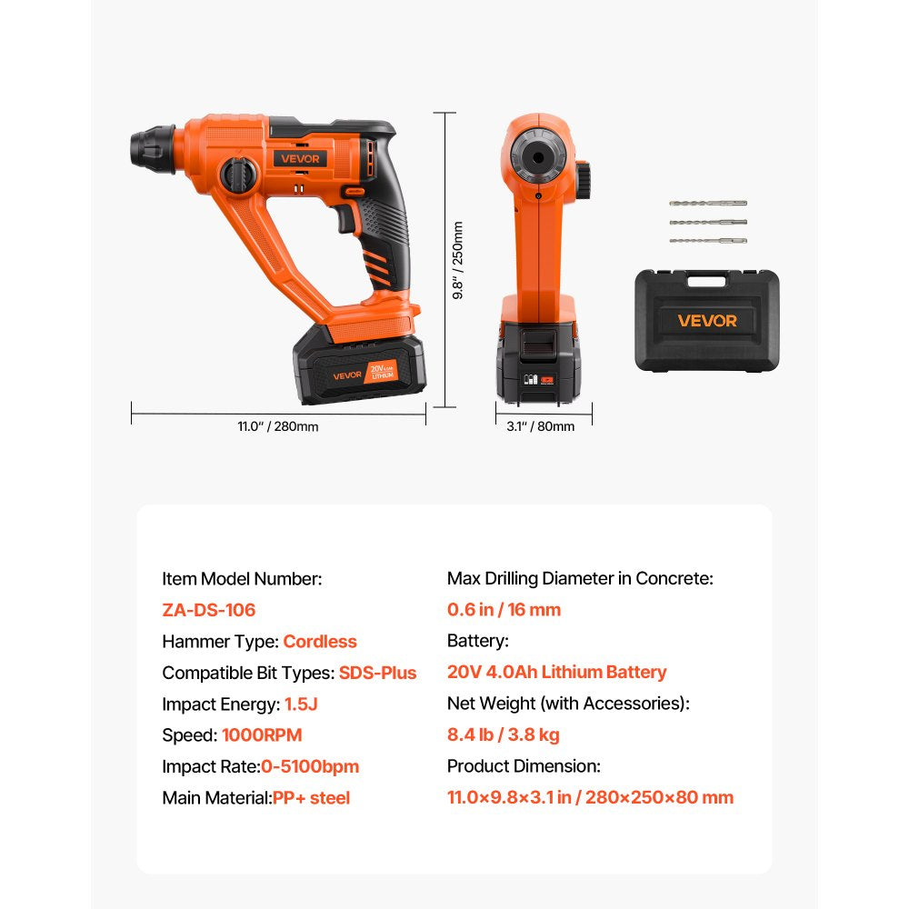 VEVOR 20V Cordless Hammer Drill, Lithium-Ion 0.6 Inch Rotary Hammer Driver, SDS-Plus Electric Lightweight Power Tool Kit with Battery and Charger, 2 Functions, 1000 RPM, 5100 BPM