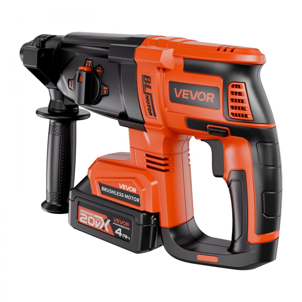 VEVOR 20V Brushless Cordless Hammer Drill, Lithium-Ion 1 Inch Rotary Hammer Driver, SDS-Plus Electric Lightweight Power Tool Kit with Battery and Charger, 4 Functions, 1200 RPM, 5300 BPM