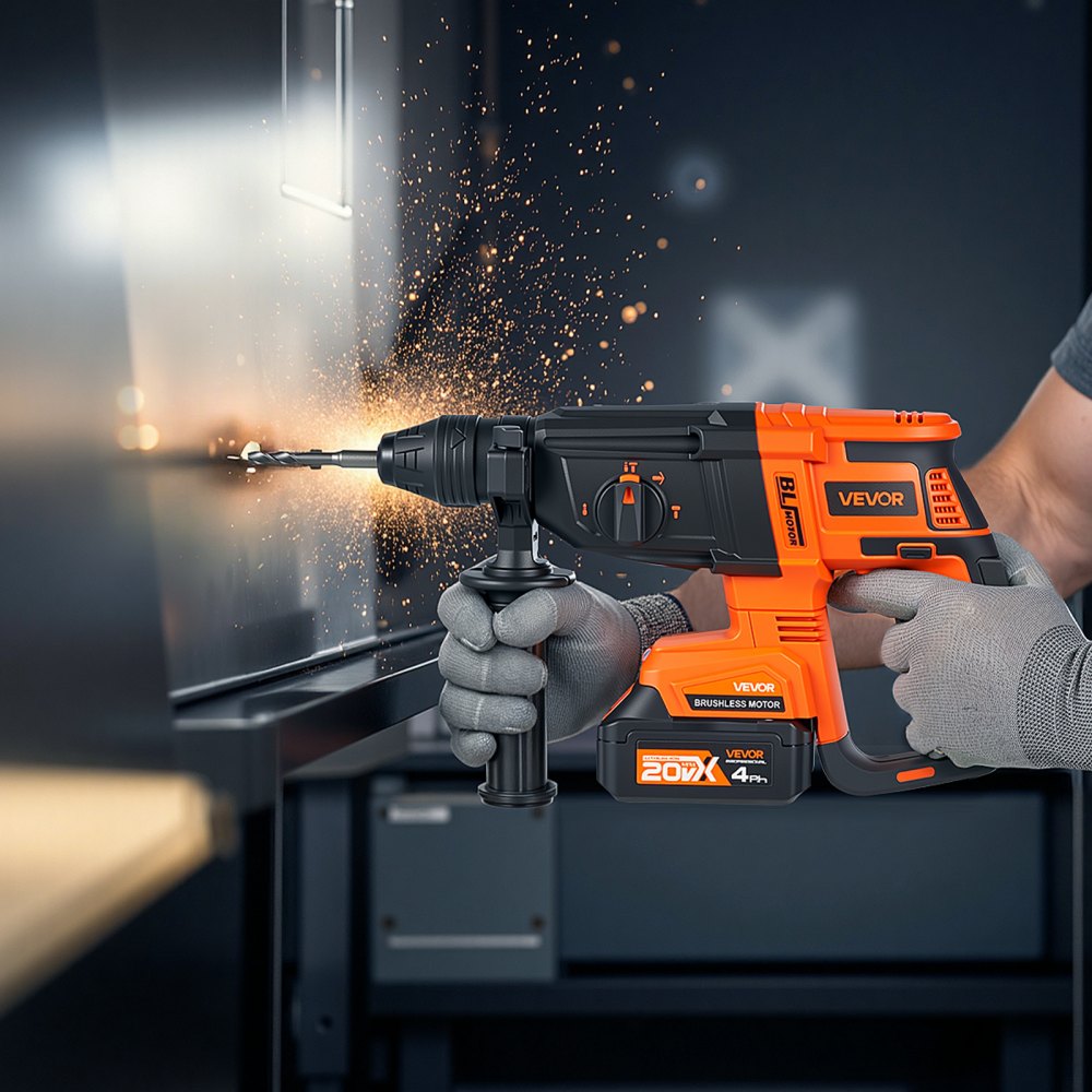 VEVOR 20V Brushless Cordless Hammer Drill, Lithium-Ion 1.1 Inch Rotary Hammer Driver, SDS-Plus Electric Lightweight Power Tool Kit with Battery and Charger, 4 Functions, 1200 RPM, 5300 BPM