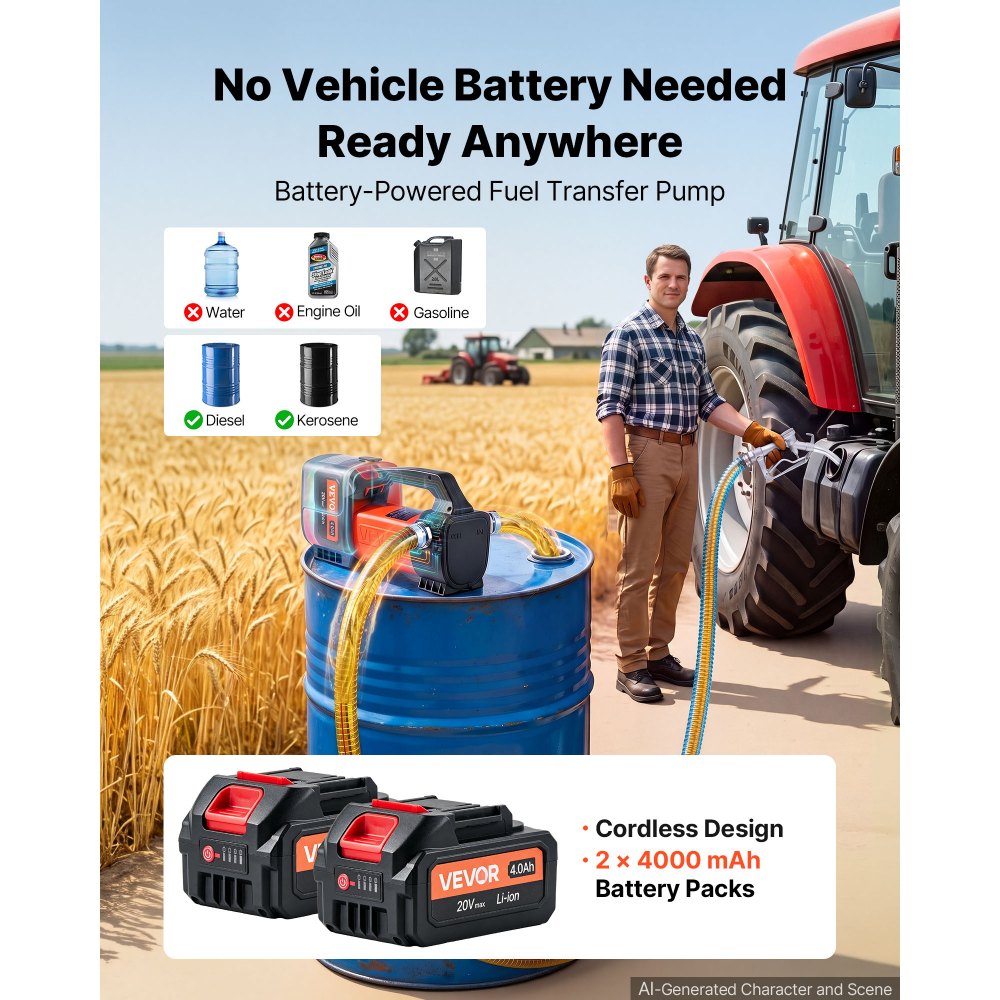 VEVOR Fuel Transfer Pump Battery Powered 12 GPM Portable Diesel Pump Kit, for Diesel Kerosene Fueling on Farm Boat Truck Tractor, 2 x 4.0Ah Batteries, 1/4 HP Motor, with Manual Fuel Nozzle & Hose