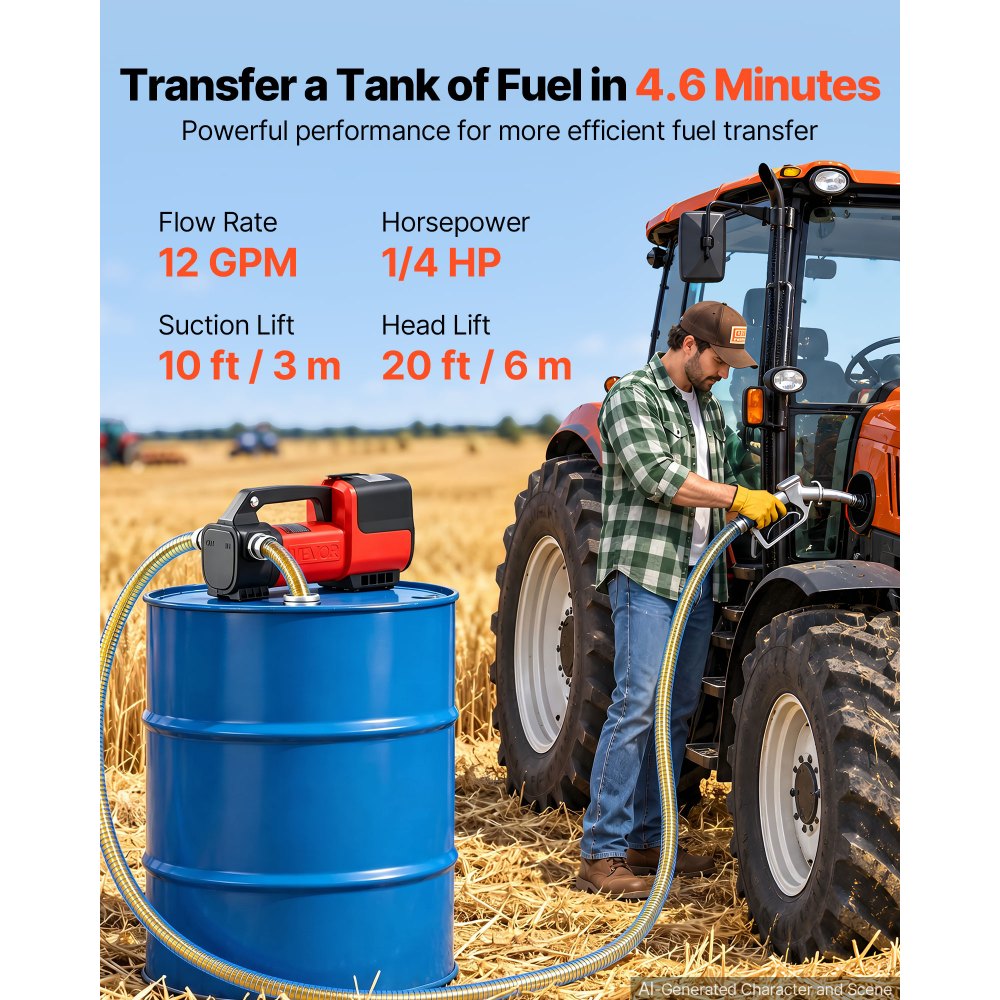 VEVOR Fuel Transfer Pump Battery Powered 12 GPM Portable Diesel Pump Kit, for Diesel Kerosene Fueling on Farm Boat Truck Tractor, 2 x 4.0Ah Batteries, 1/4 HP Motor, with Manual Fuel Nozzle & Hose