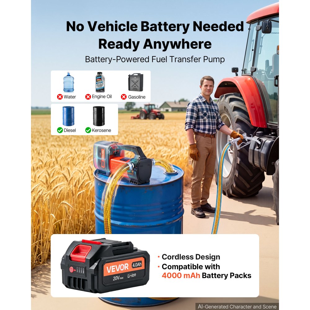 VEVOR Fuel Transfer Pump Battery Powered 12 GPM Portable Diesel Pump Kit, for Diesel Kerosene Fueling on Farm Boat Truck Tractor, 4.0Ah Battery, 1/4 HP Motor, with Manual Fuel Nozzle, Discharge Hose