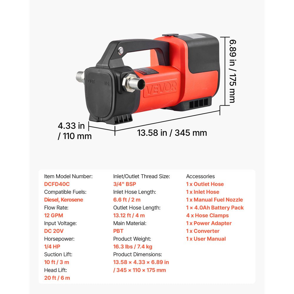 VEVOR Fuel Transfer Pump Battery Powered 12 GPM Portable Diesel Pump Kit, for Diesel Kerosene Fueling on Farm Boat Truck Tractor, 4.0Ah Battery, 1/4 HP Motor, with Manual Fuel Nozzle, Discharge Hose