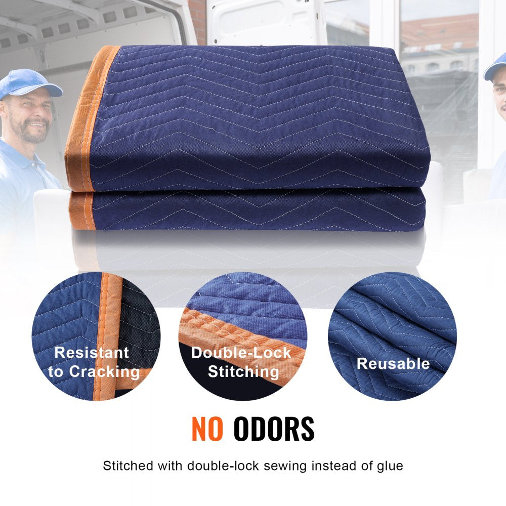 VEVOR Moving Blankets, 80" x 72", 65 lbs/dz Weight, 12 Packs, Professional Non-Woven & Recycled Cotton Packing Blanket, Heavy Duty Mover Pads for Protecting Furniture, Floors, Appliances, Blue/Orange