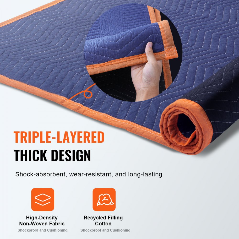 VEVOR Moving Blankets, 80" x 72", 35 lbs/dz Weight, 12 Packs, Professional Non-Woven & Recycled Cotton Packing Blanket, Heavy Duty Mover Pads for Protecting Furniture, Floors, Appliances, Blue/Orange