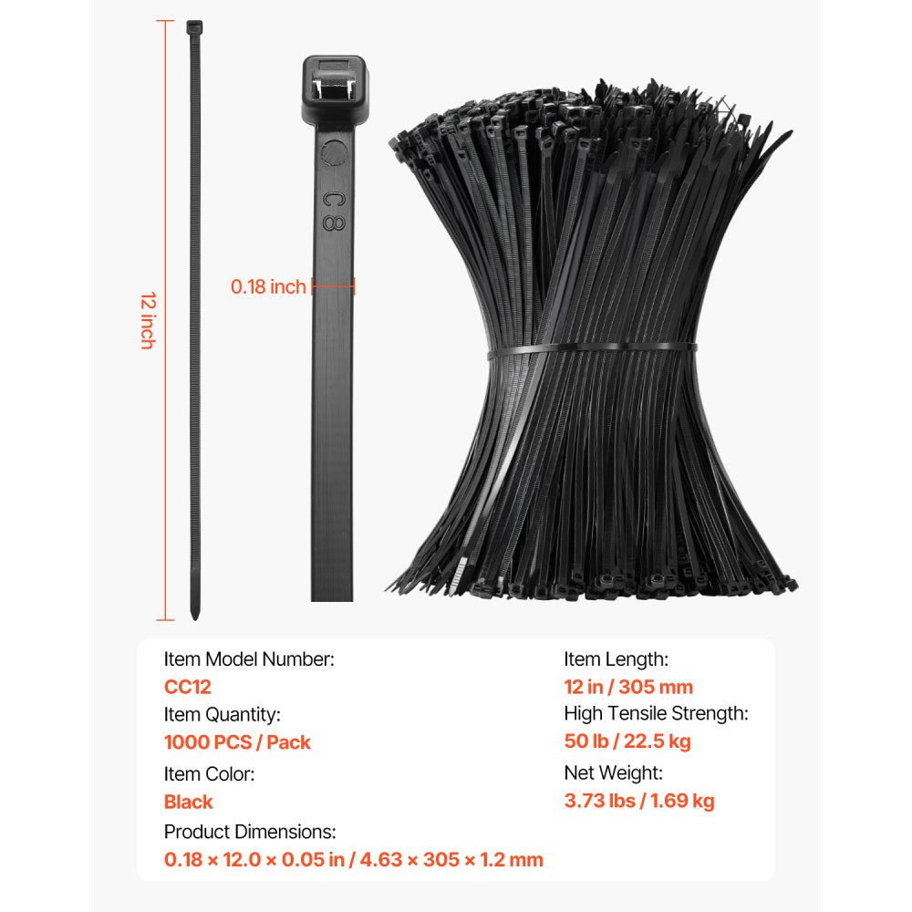 VEVOR 1000 Pack Cable Zip Ties, 12-inch Heavy Duty Cable Wire Ties with 50LBS High Tensile Strength, Multi-Purpose Self-Locking Nylon Tie Wraps, Heat & Cold Resistant for Indoor and Outdoor Use