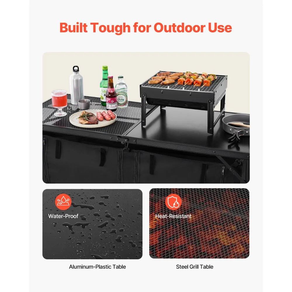 VEVOR Camping Kitchen Table, Folding Outdoor Cooking Table, 3 Adjustable Heights, Aluminum Lightweight Portable Cook Station with Storage Organizer, Carry Handle, for BBQ Party Picnic RV Travel, Black