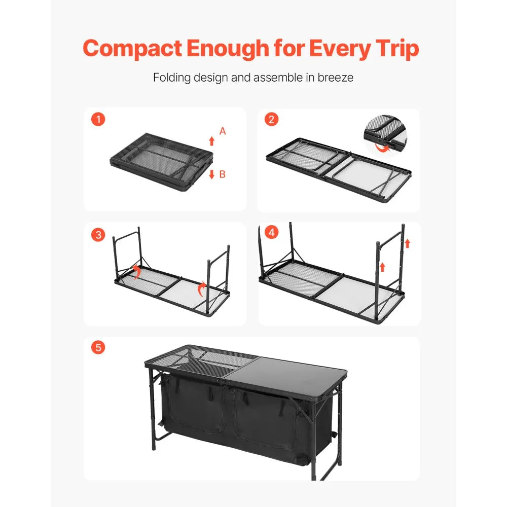 VEVOR Camping Kitchen Table, Folding Outdoor Cooking Table, 3 Adjustable Heights, Aluminum Lightweight Portable Cook Station with Storage Organizer, Carry Handle, for BBQ Party Picnic RV Travel, Black