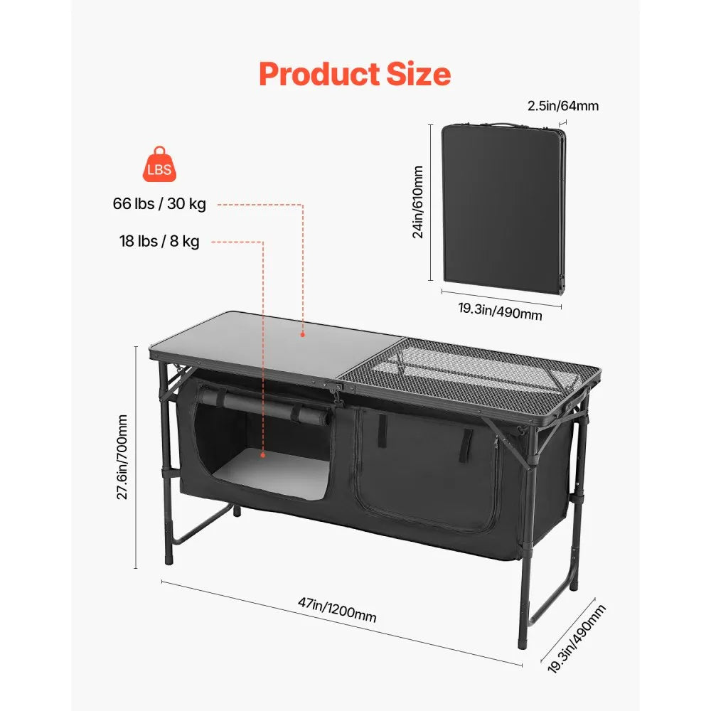 VEVOR Camping Kitchen Table, Folding Outdoor Cooking Table, 3 Adjustable Heights, Aluminum Lightweight Portable Cook Station with Storage Organizer, Carry Handle, for BBQ Party Picnic RV Travel, Black