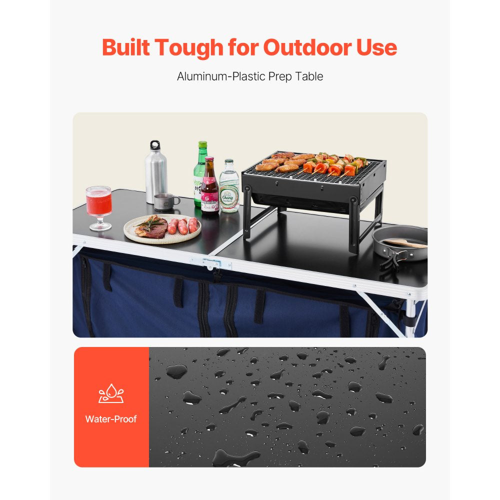 VEVOR Camping Kitchen Table, Folding Outdoor Cooking Table, 3 Adjustable Height, Aluminum Lightweight Portable Cook Station with Storage Organizer, Carry Handle, for BBQ Party Picnic RV Travel, Blue