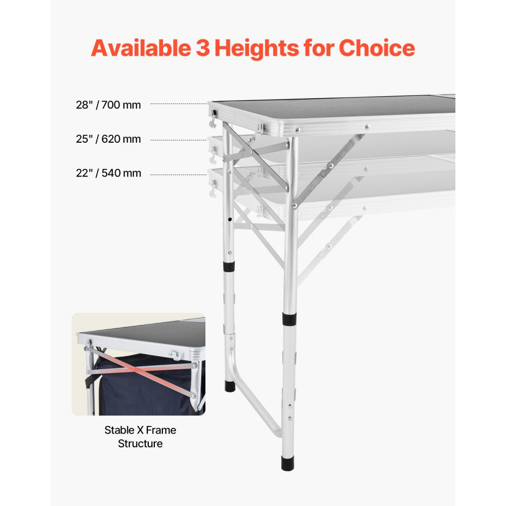 VEVOR Camping Kitchen Table, Folding Outdoor Cooking Table, 3 Adjustable Height, Aluminum Lightweight Portable Cook Station with Storage Organizer, Carry Handle, for BBQ Party Picnic RV Travel, Blue