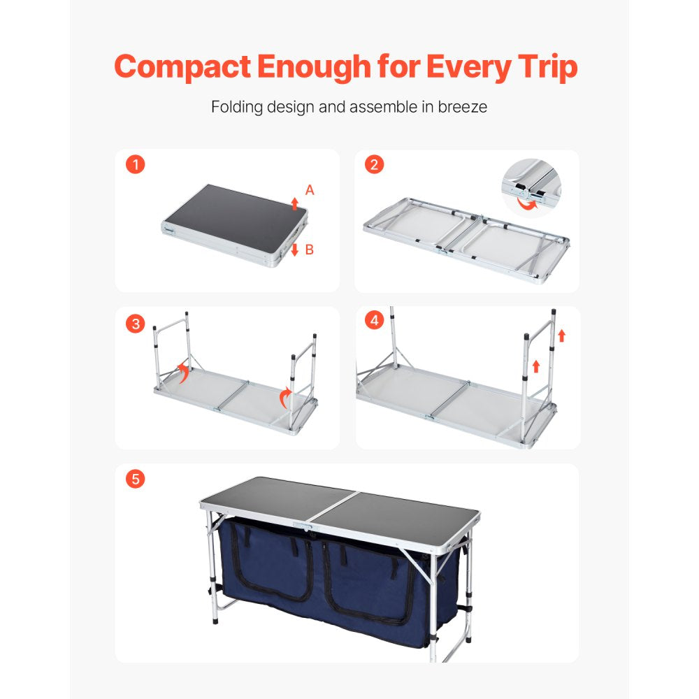 VEVOR Camping Kitchen Table, Folding Outdoor Cooking Table, 3 Adjustable Height, Aluminum Lightweight Portable Cook Station with Storage Organizer, Carry Handle, for BBQ Party Picnic RV Travel, Blue