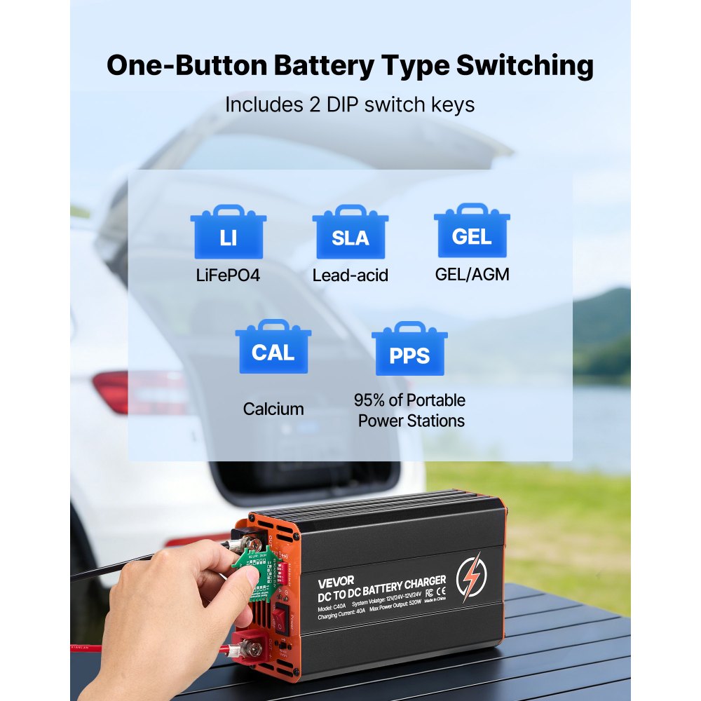 VEVOR DC to DC Battery Charger, 520W, 40A Alternator Charger, Fast DC-DC Charging for Portable Power Stations, Compatible with LiFePO4 Lead-Acid AGM GEL Batteries, 12V/24V-12V/24V, for RV Home Backup